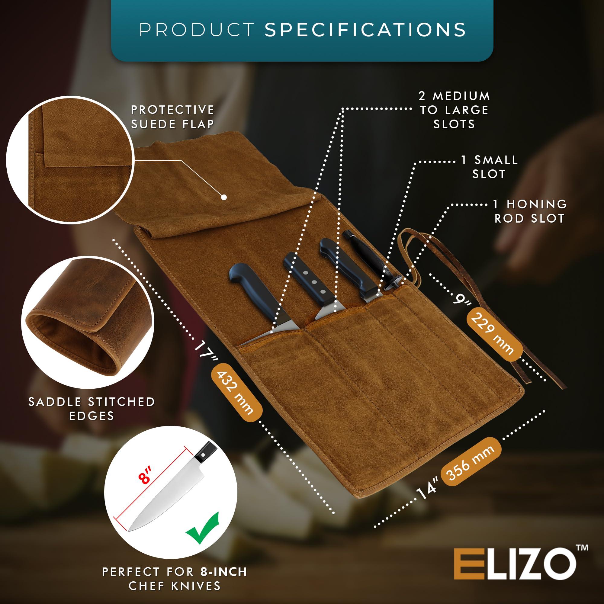 ELIZO knife roll in travel-wrap mode showing secure transport of culinary tools.