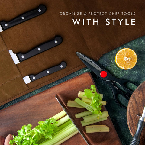 ELIZO compact knife roll measures 17 by 14 inches for travel.