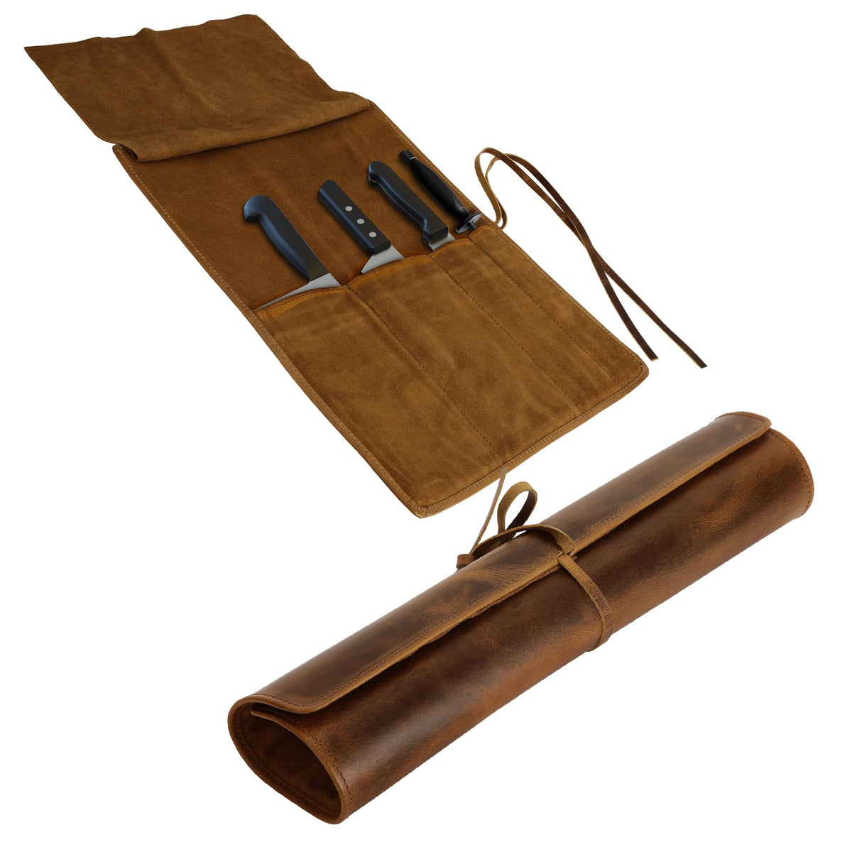 ELIZO leather knife roll bag with four knife slots keeps tools organized on the go.