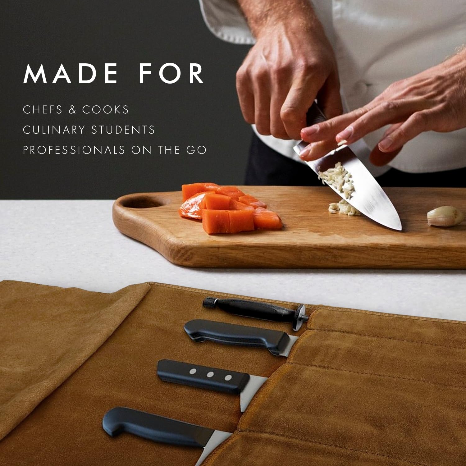ELIZO puncture-resistant leather with suede flap keeps knives safe on the move.
