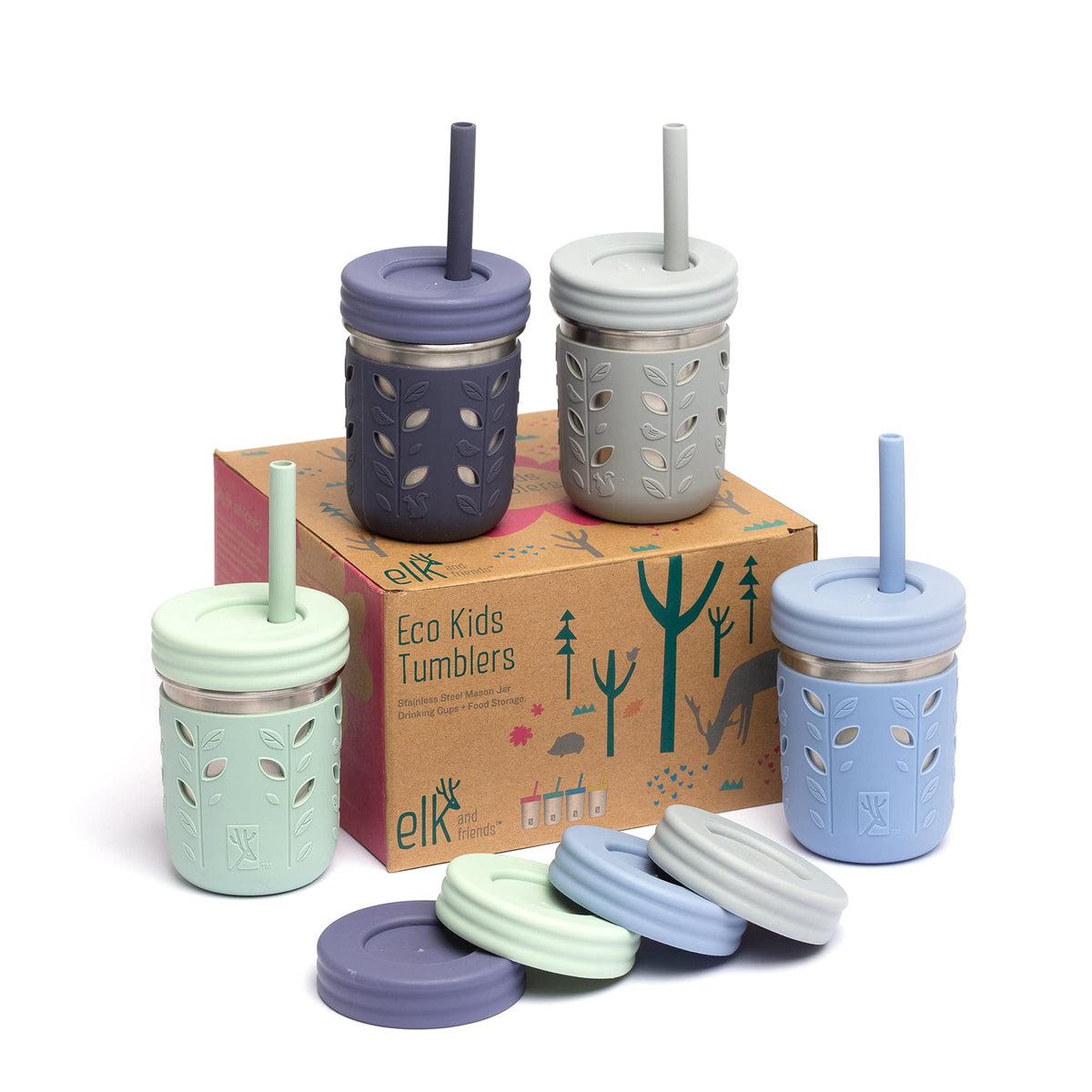 Elk and Friends 10oz kid cup with sleeve protects against bumps during playtime