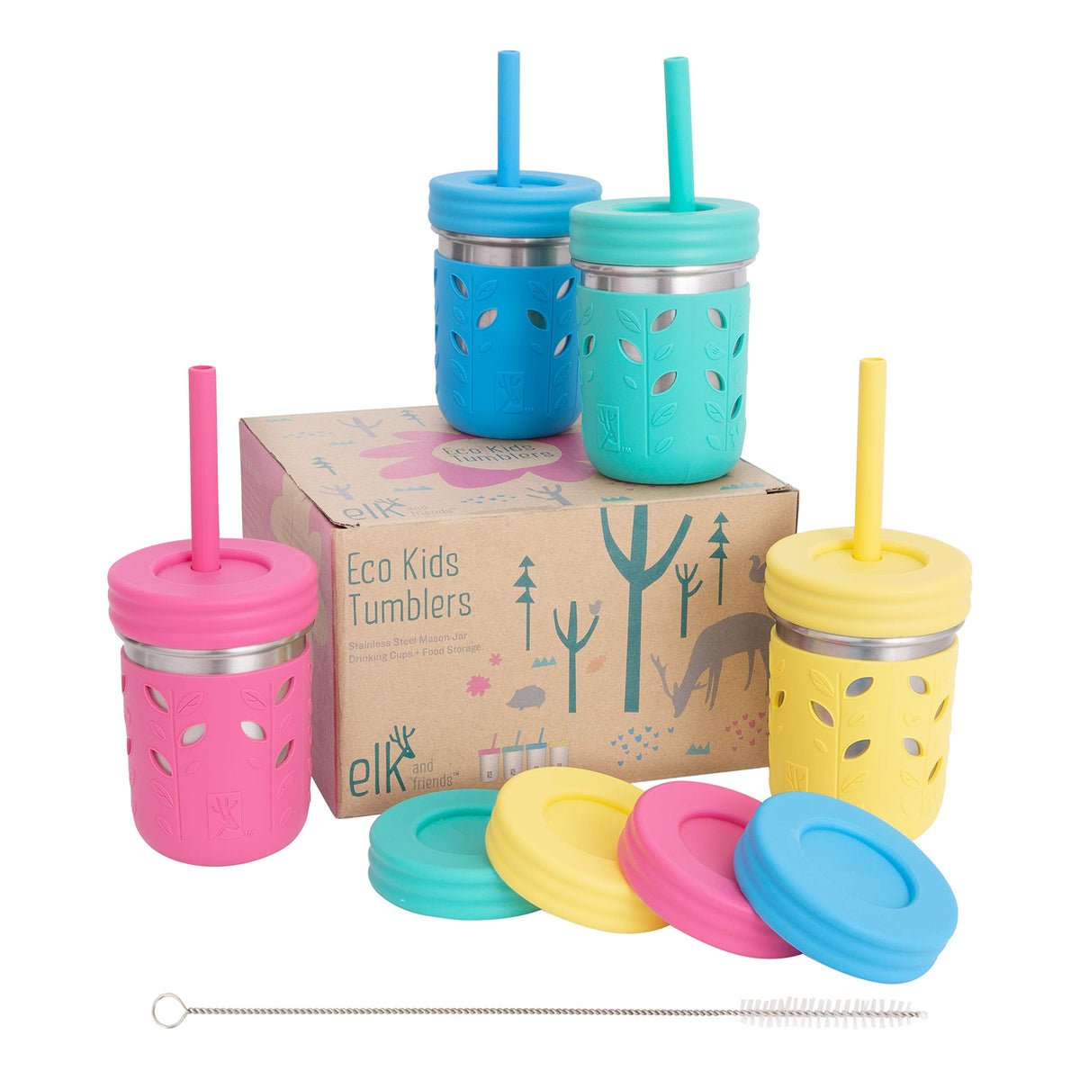 Elk and Friends 10oz stainless steel kid cup with silicone sleeve for durable everyday use.
