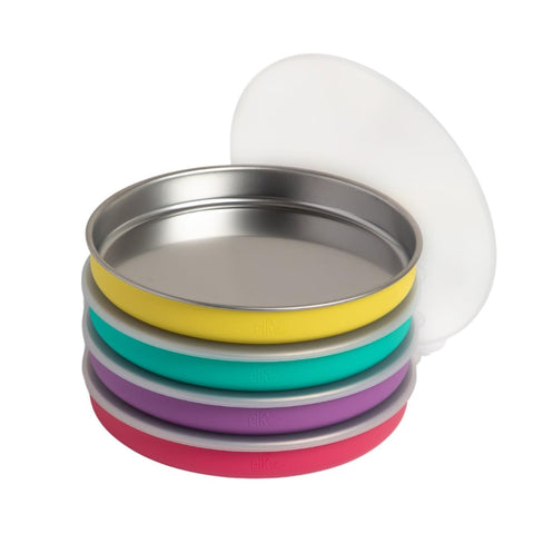 Elk and Friends 7.8-inch stainless plate with silicone sleeve providing steady grip