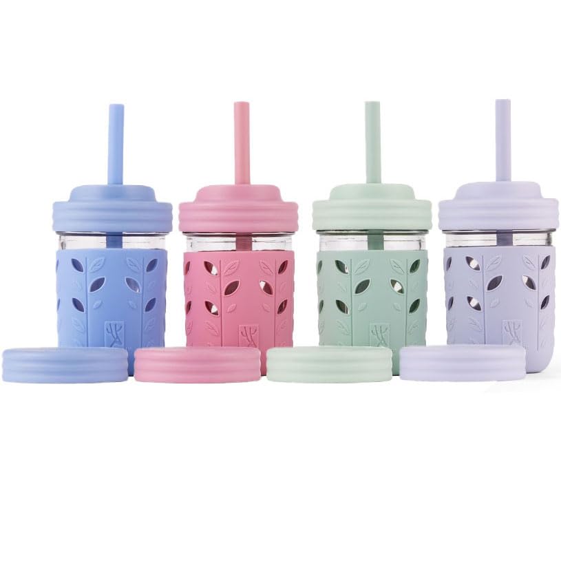 Elk and Friends 8oz glass cup for kids with sleeve supports sturdy daily sipping.