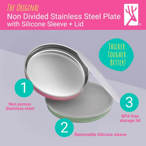Elk and Friends plate with BPA-free storage lid keeps leftovers fresh.
