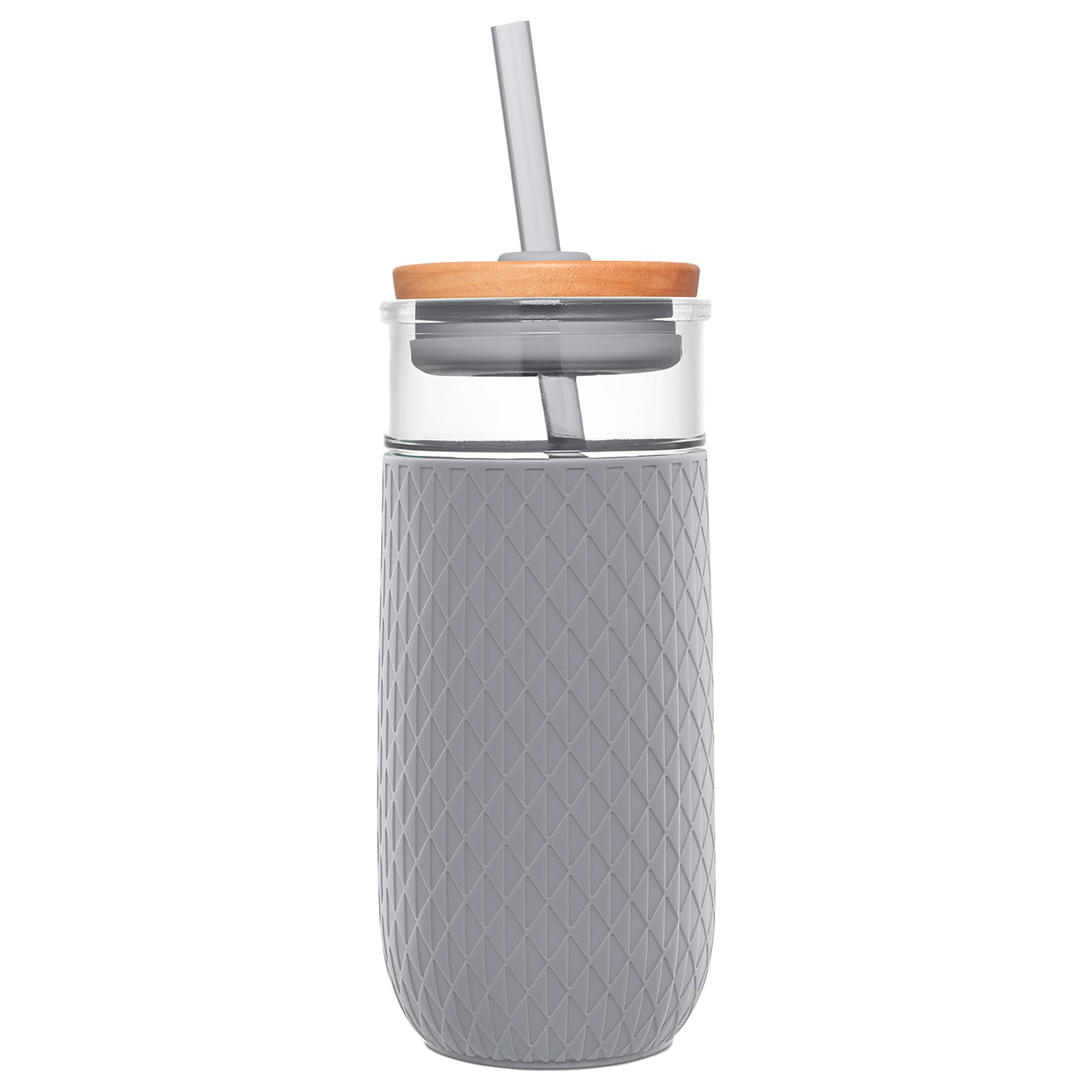 Ello Devon 18oz glass tumbler with silicone sleeve for a secure no-slip grip.