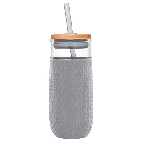 Ello Devon 18oz glass tumbler with silicone sleeve for a secure no-slip grip.
