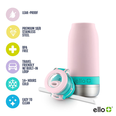 Ello Emma 14oz bottle with carry loop for easy travel with kids.