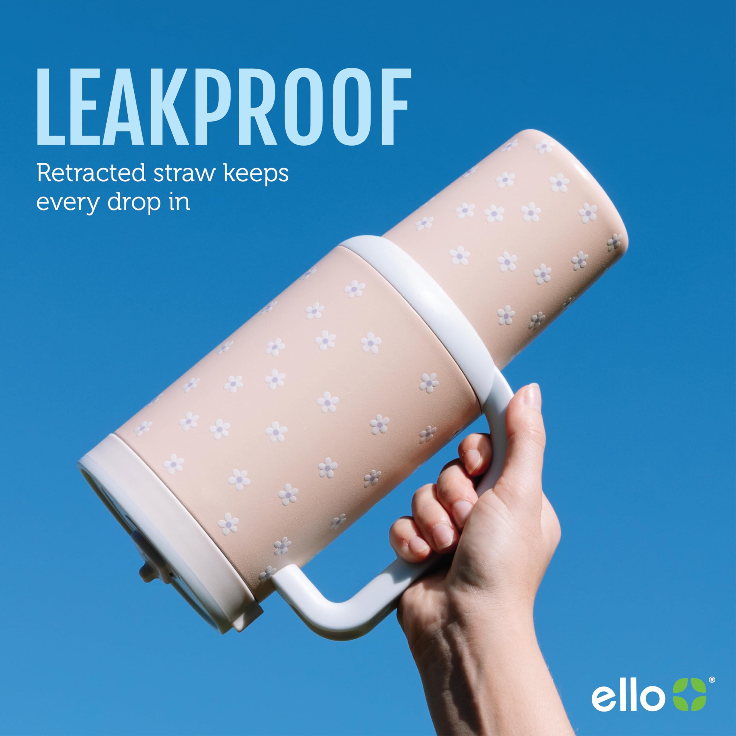 Ello Oasis lid hides straw for a clean drinking surface.