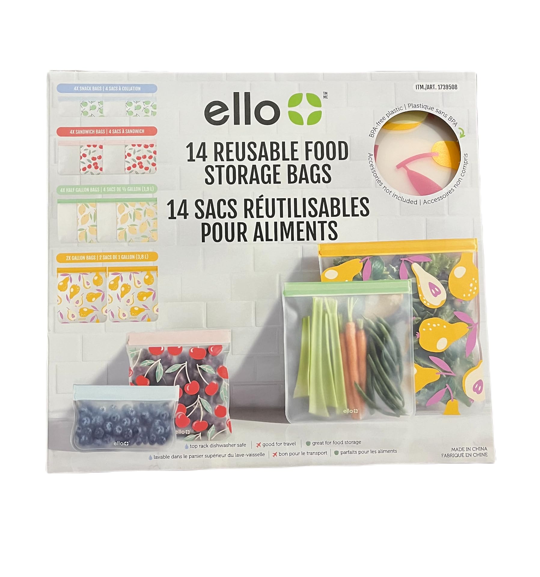 Ello snack-size produce bag with zipper closure for leak-resistant storage.