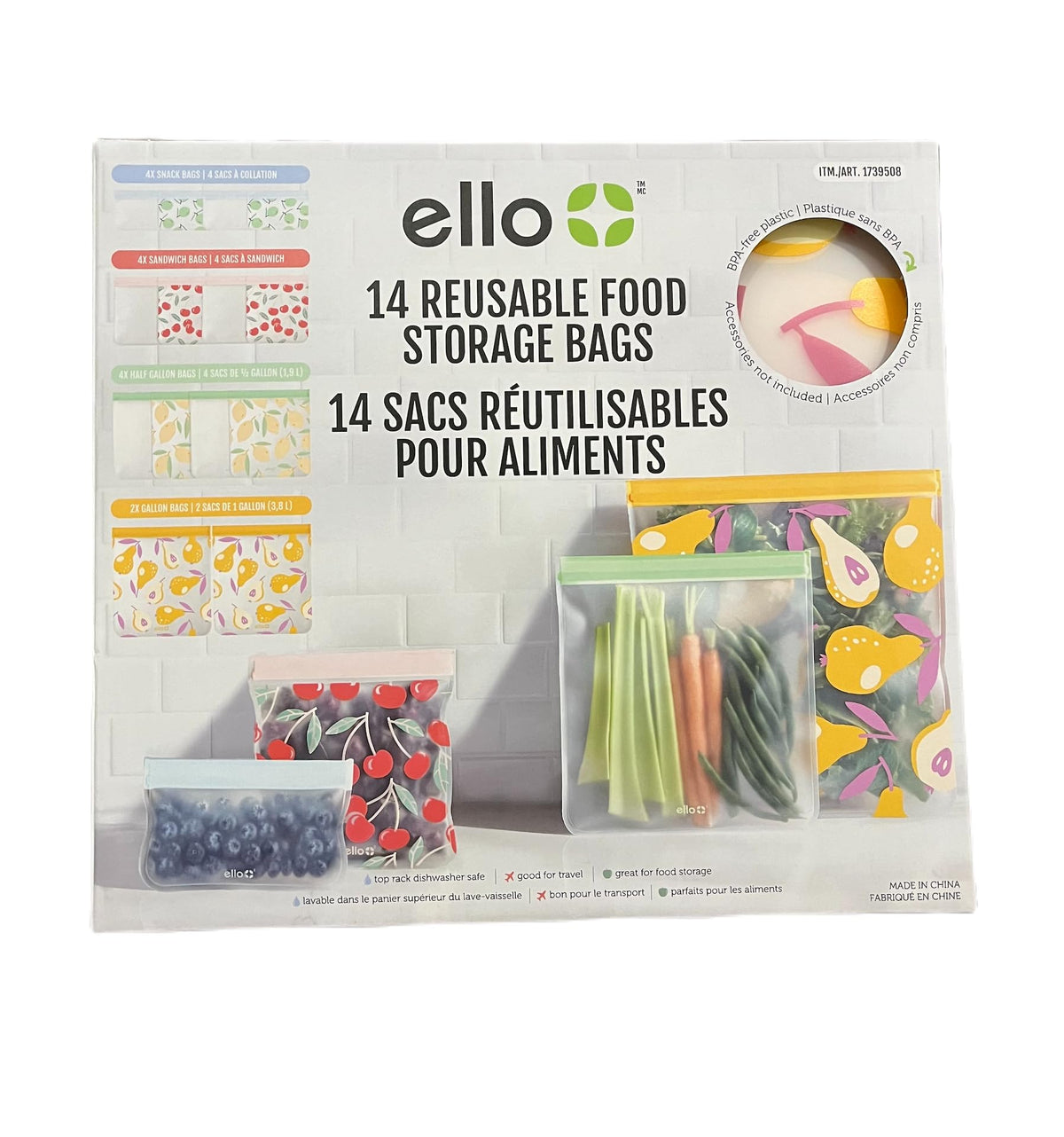 Ello snack-size produce bag with zipper closure for leak-resistant storage.