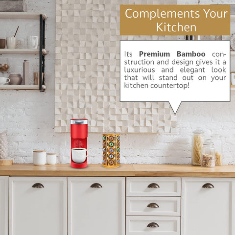 ELTOW bamboo K Cup carousel dimensions are 13.5 inches tall by 7.5 inches wide for compact countertop fit