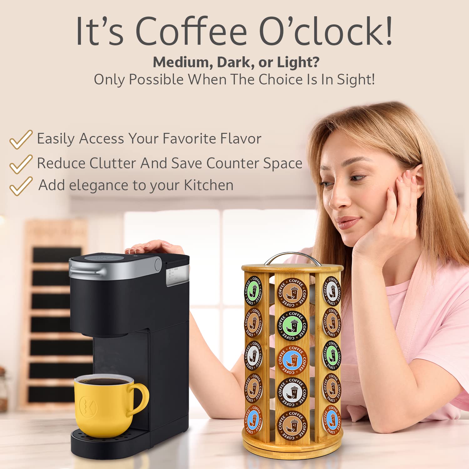 ELTOW bamboo K Cup carousel base with soft EVA foam, stabilizes on counters