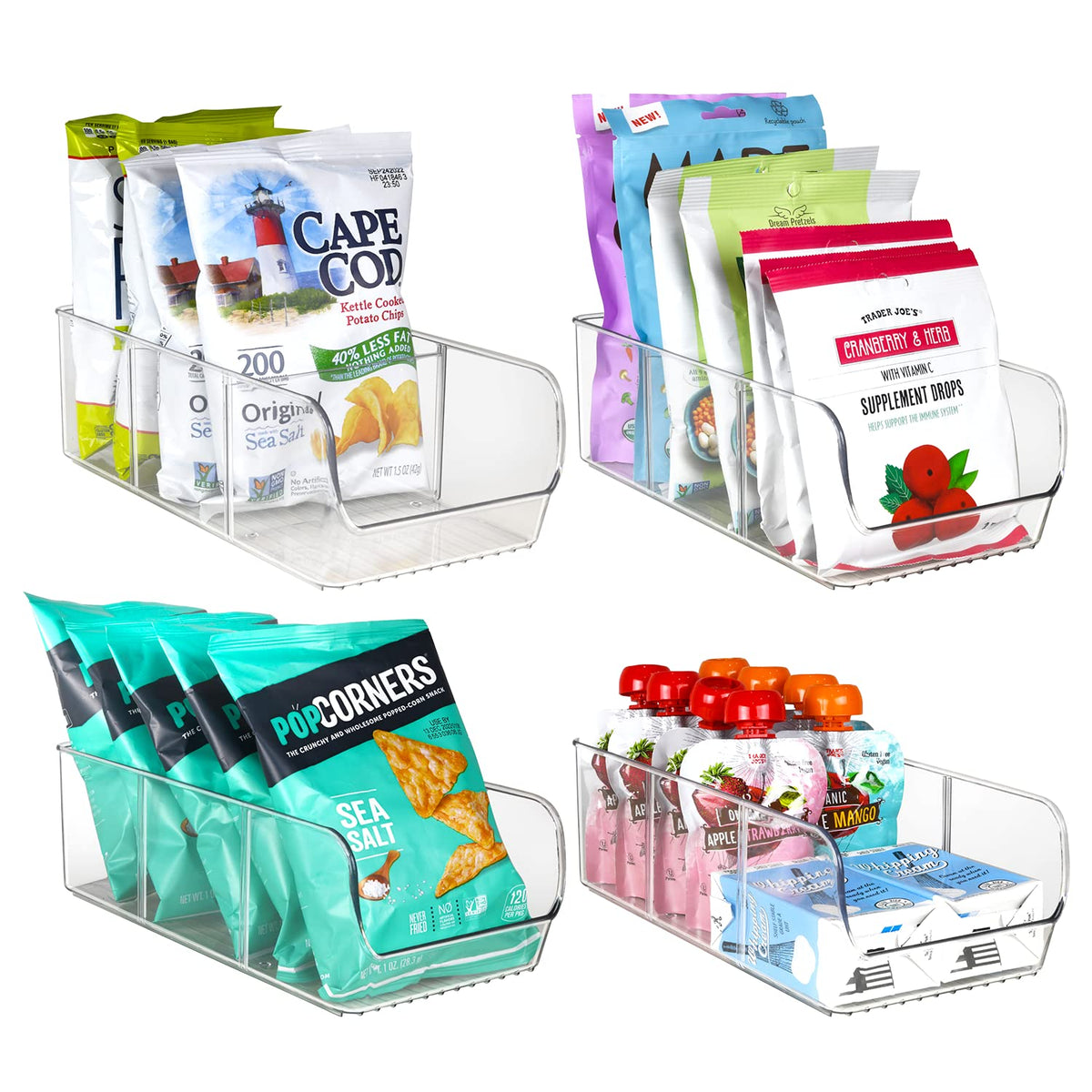 ELTOW snack organizer with three compartments for neat pantry storage.