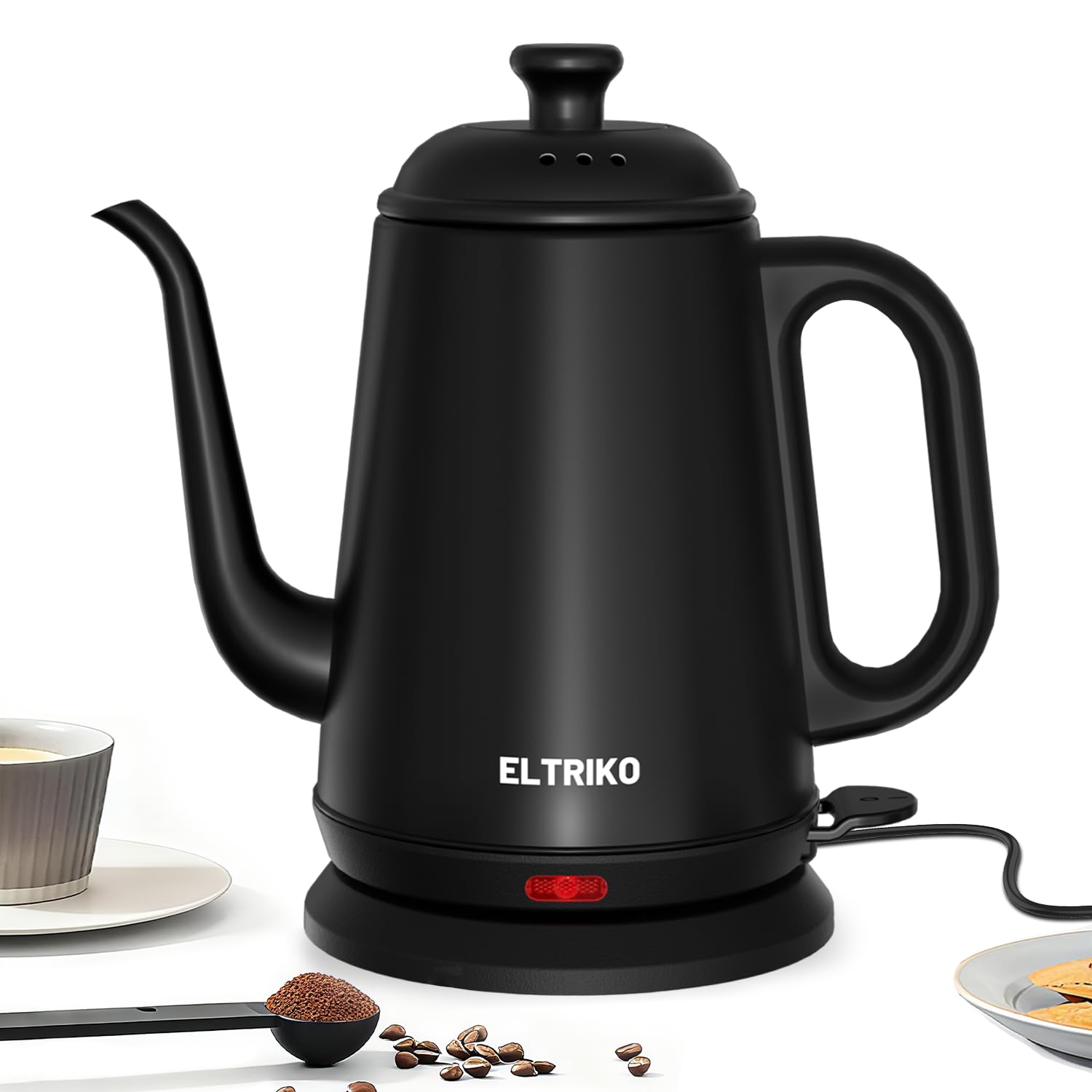 ELTRIKO gooseneck kettle pours with precision for perfect pour-over coffee.