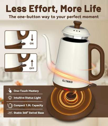 ELTRIKO white finish kettle adds a clean, retro-modern touch