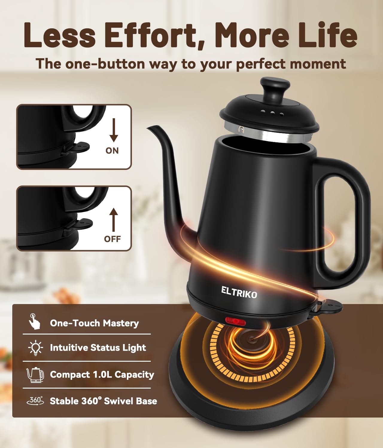 One-touch operation makes daily brewing quick and simple with ELTRIKO.
