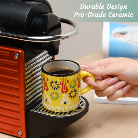 Dishwasher and microwave safe Elyese espresso cups for convenient use.