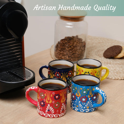 Versatile multicolor demitasse cups for espresso and small beverages.