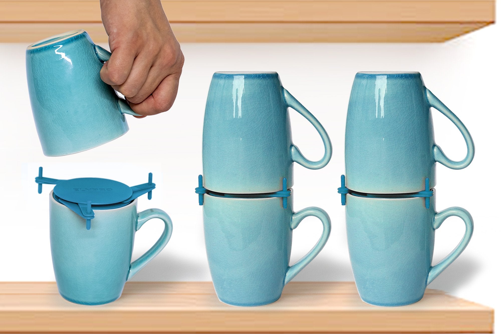 ELYPRO Mug Stacker front view demonstrates space-saving storage for mugs.