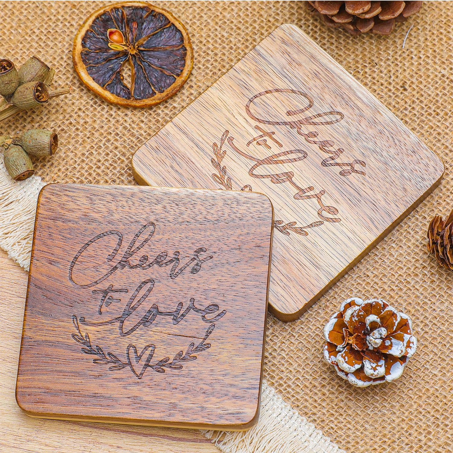 Elysirise acacia coasters – engraved romance for cozy gatherings