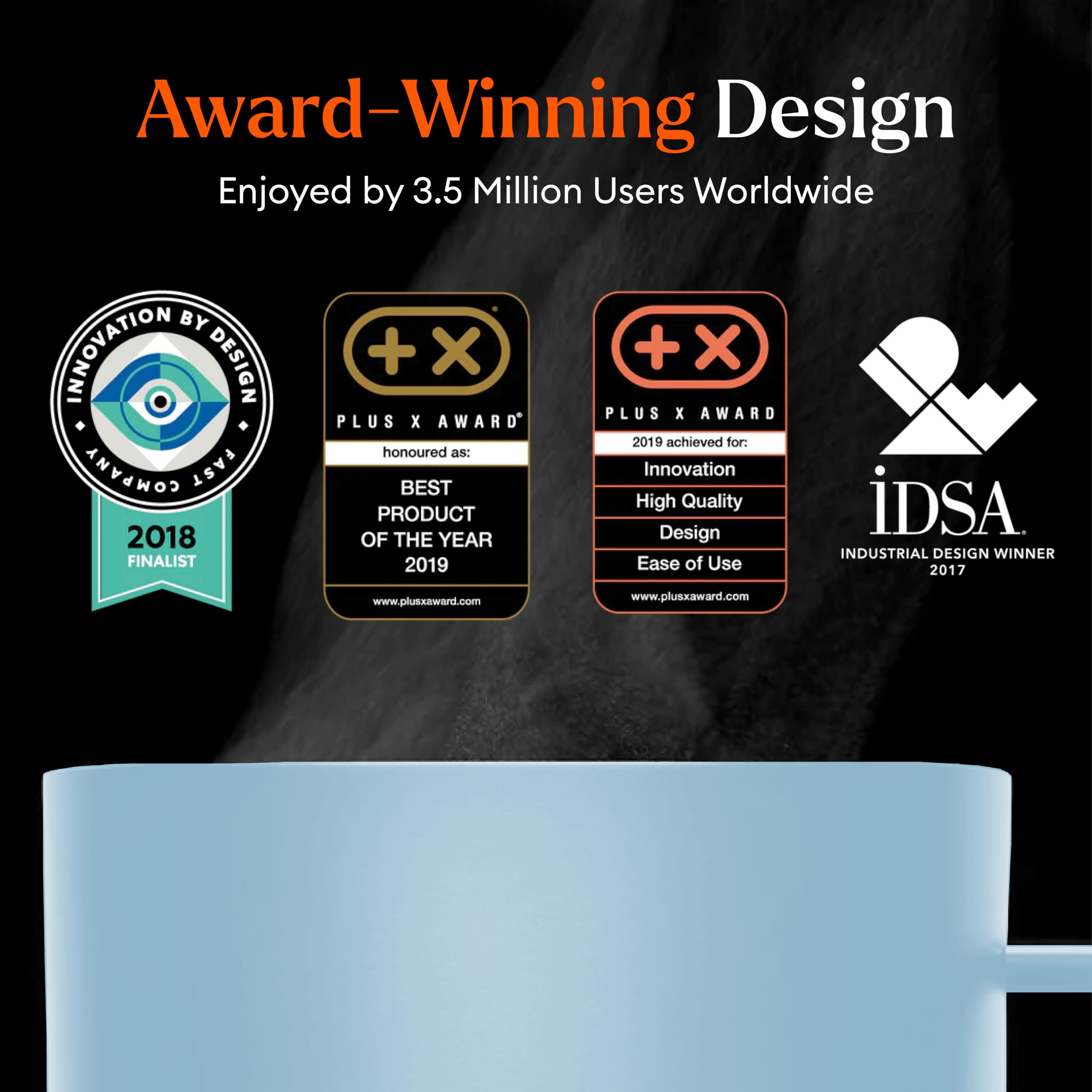 Powder blue Ember mug adds stylish desk presence.