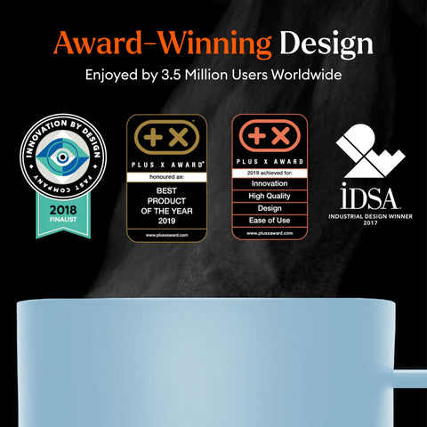 Powder blue Ember mug adds stylish desk presence.