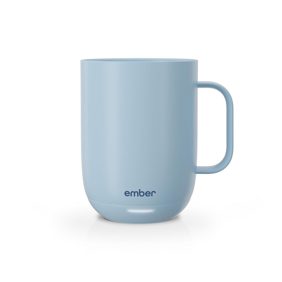 Ember 14oz smart mug in powder blue on a coaster keeps heat reliably.