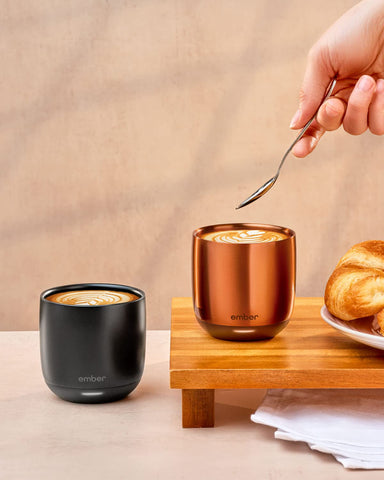 Ember Cup copper finish detail showcases stylish, heat-retaining design.