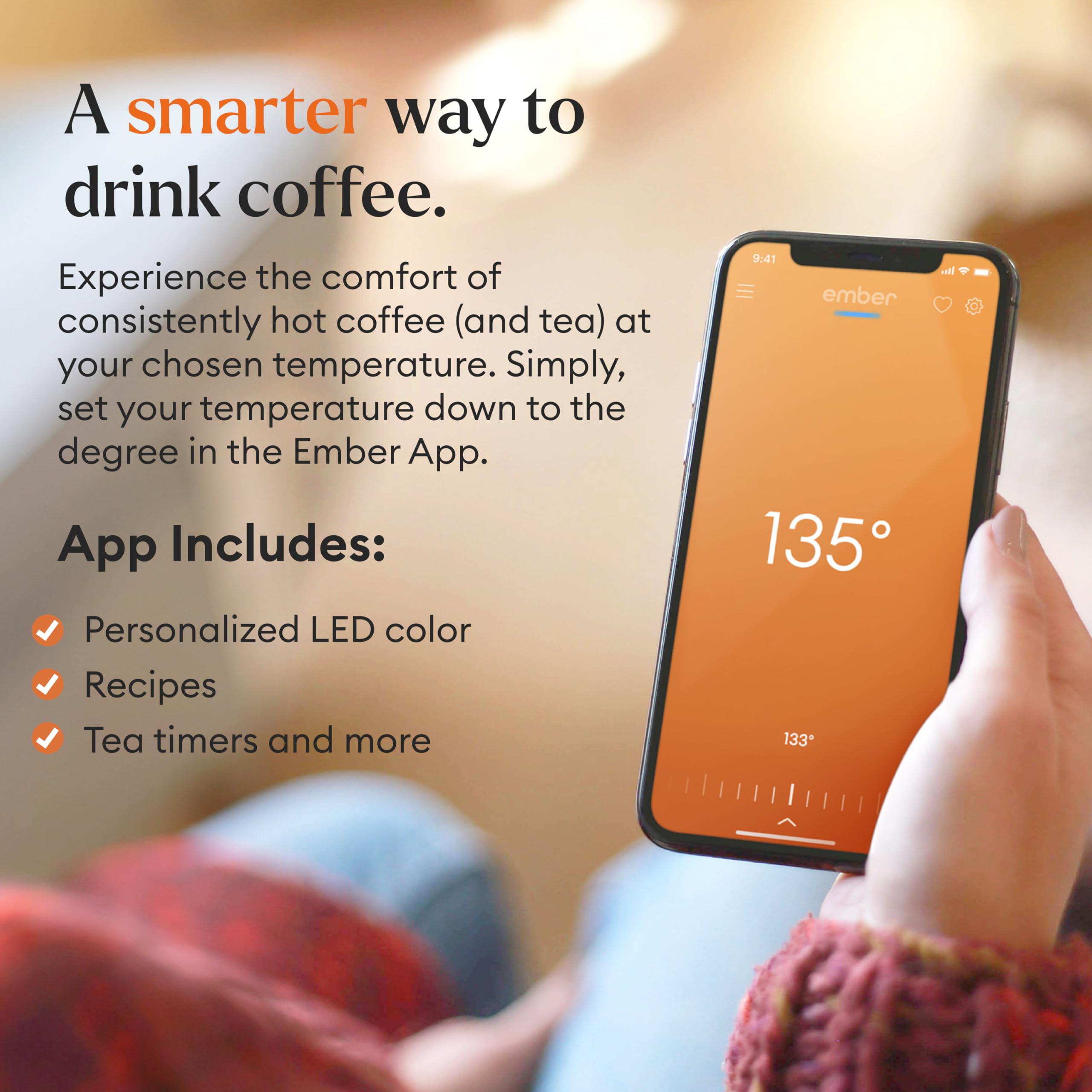 Ember Temperature Control Smart Mug 2 app interface shows precise temperature control.