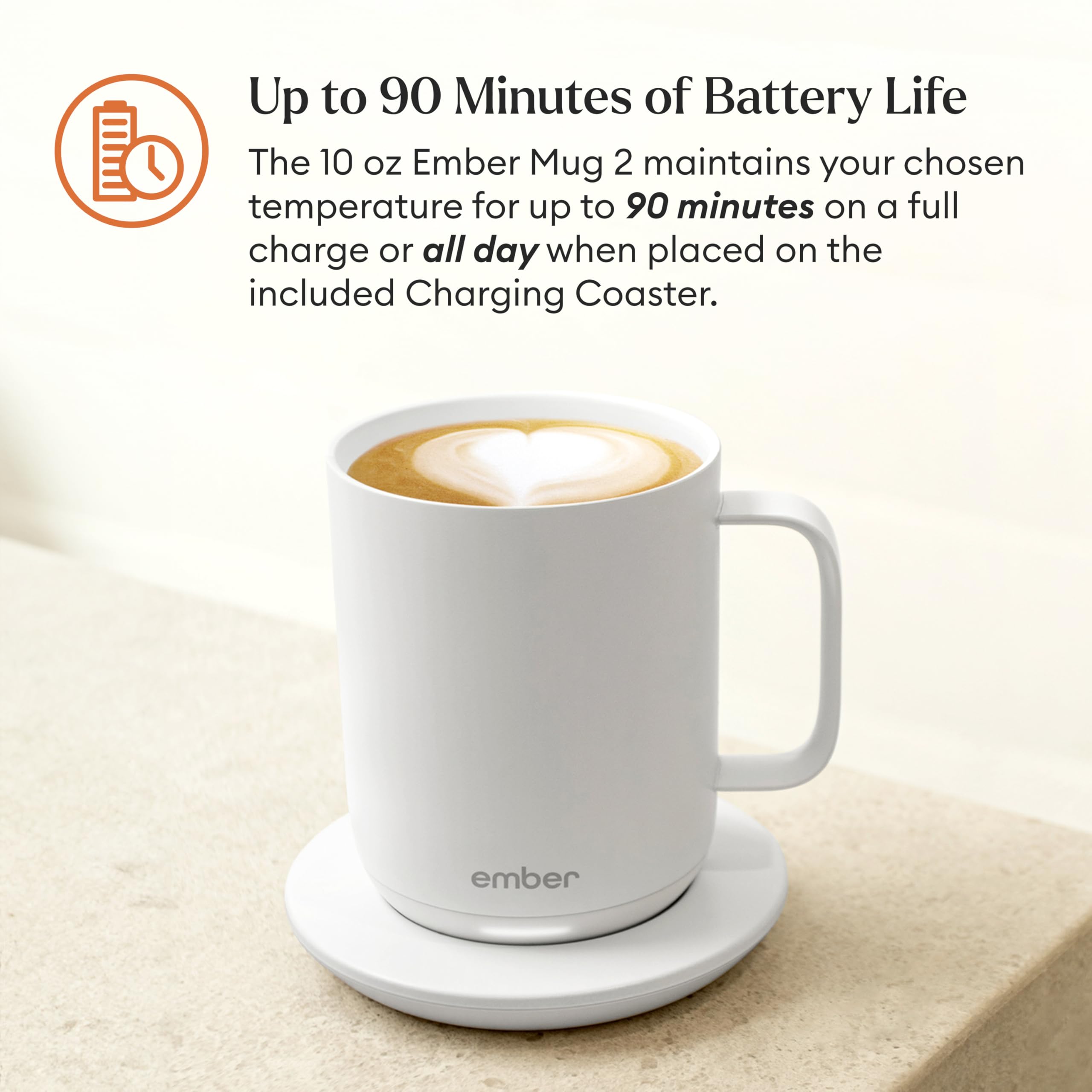 Ember Temperature Control Smart Mug 2 battery life highlights warm coffee up to 80+ minutes.