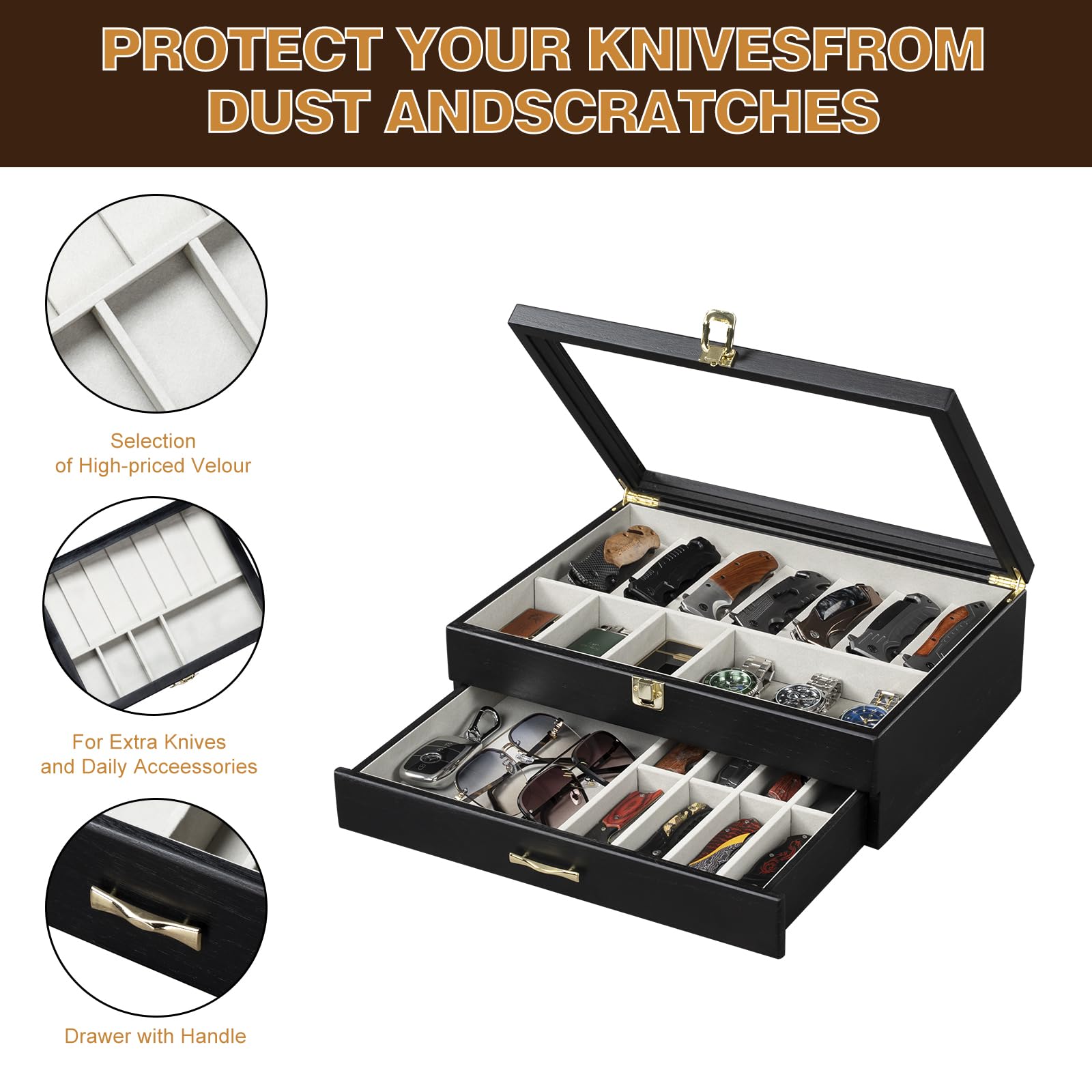 Emfogo lower drawer view fits eight folding knives plus a small-item compartment.