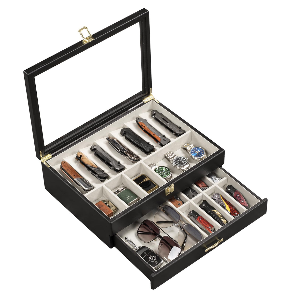 Emfogo pocket knife display case with glass top showcases your collection neatly.