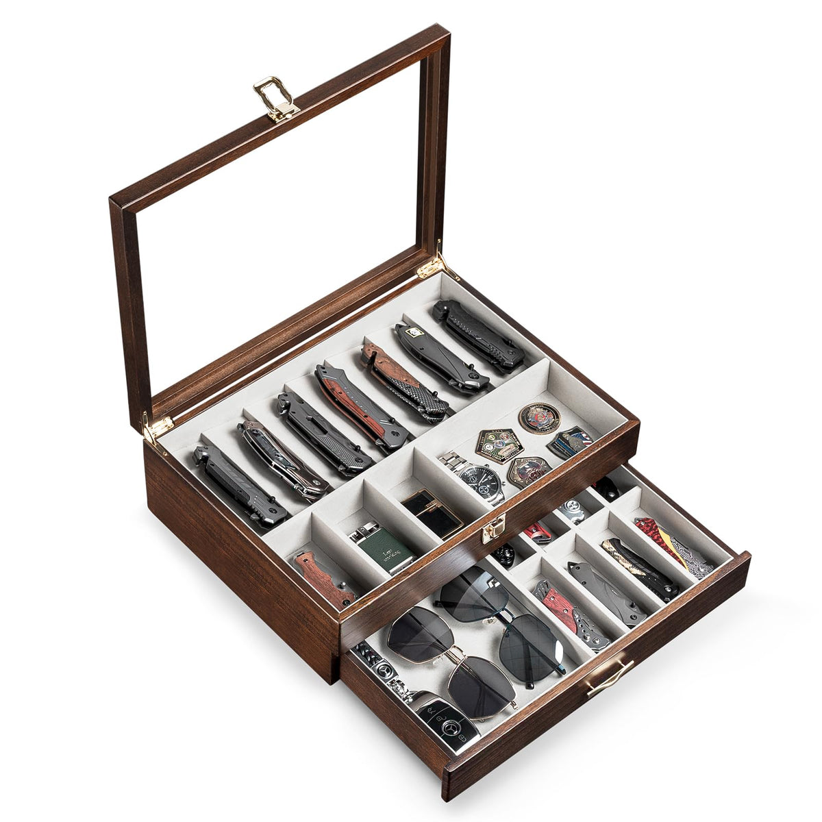 Emfogo walnut wood display case with glass top for easy viewing of knives.