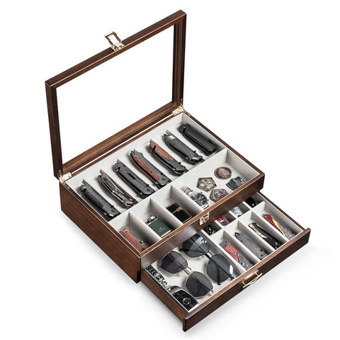 Emfogo walnut wood display case with glass top for easy viewing of knives.