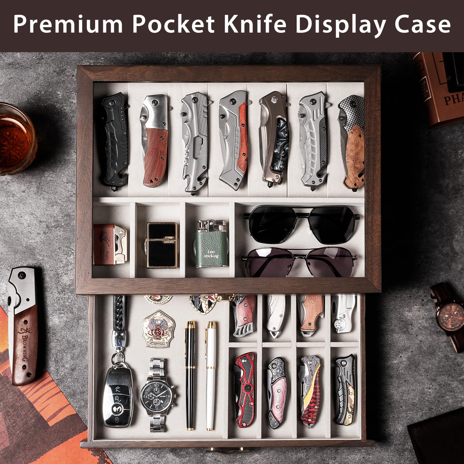 Emfogo two-tier case showing upper drawer for small items and lower drawer for knives.