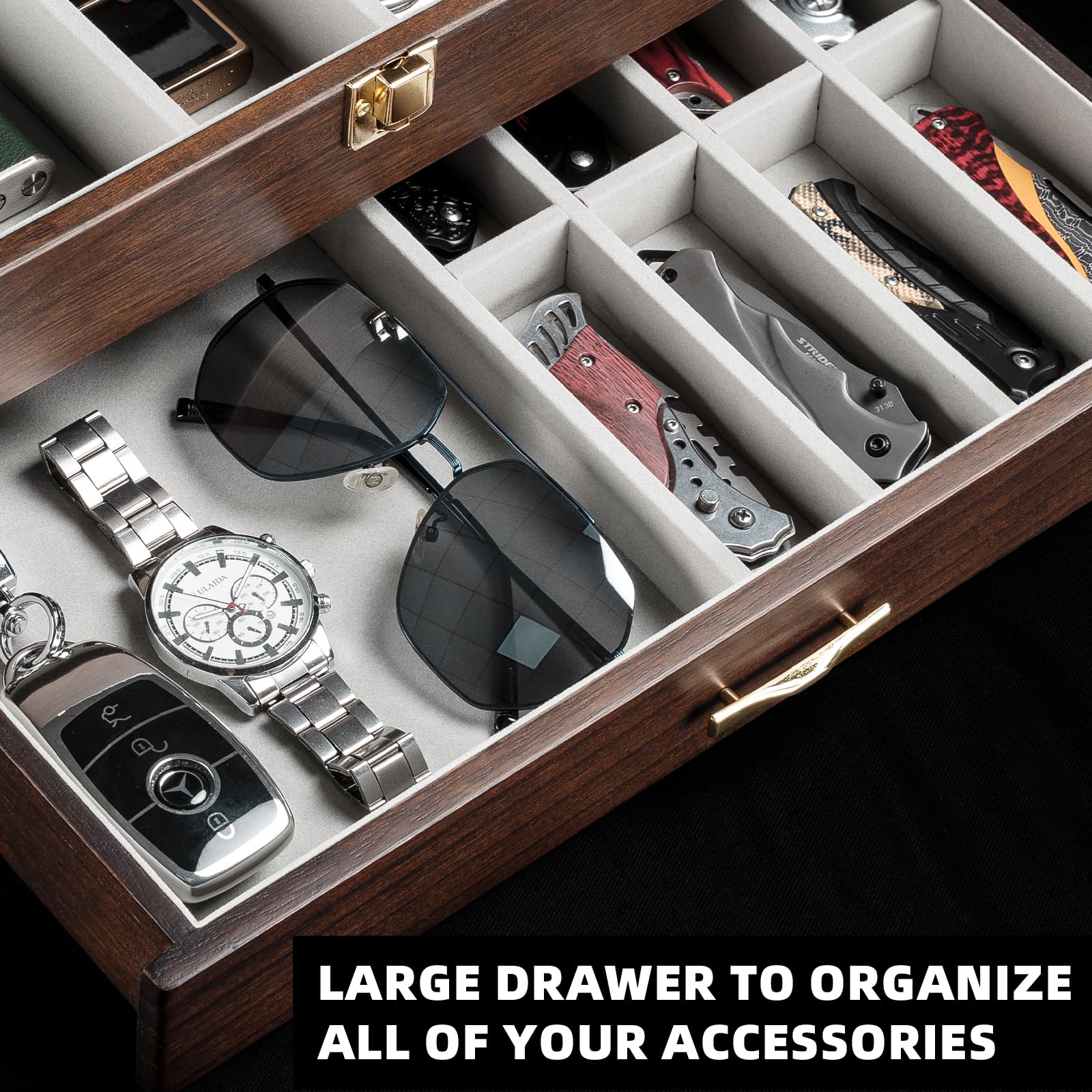 Emfogo walnut display featuring two-tier design for organized storage.