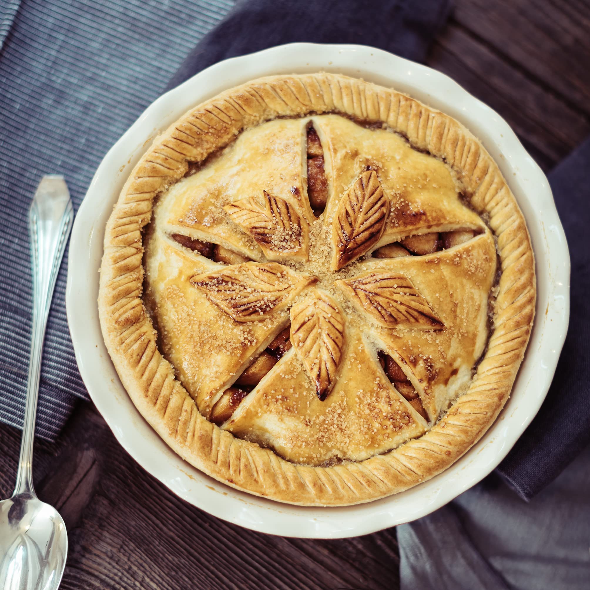 Emile Henry Twilight pie dish on table ready to serve warm pie