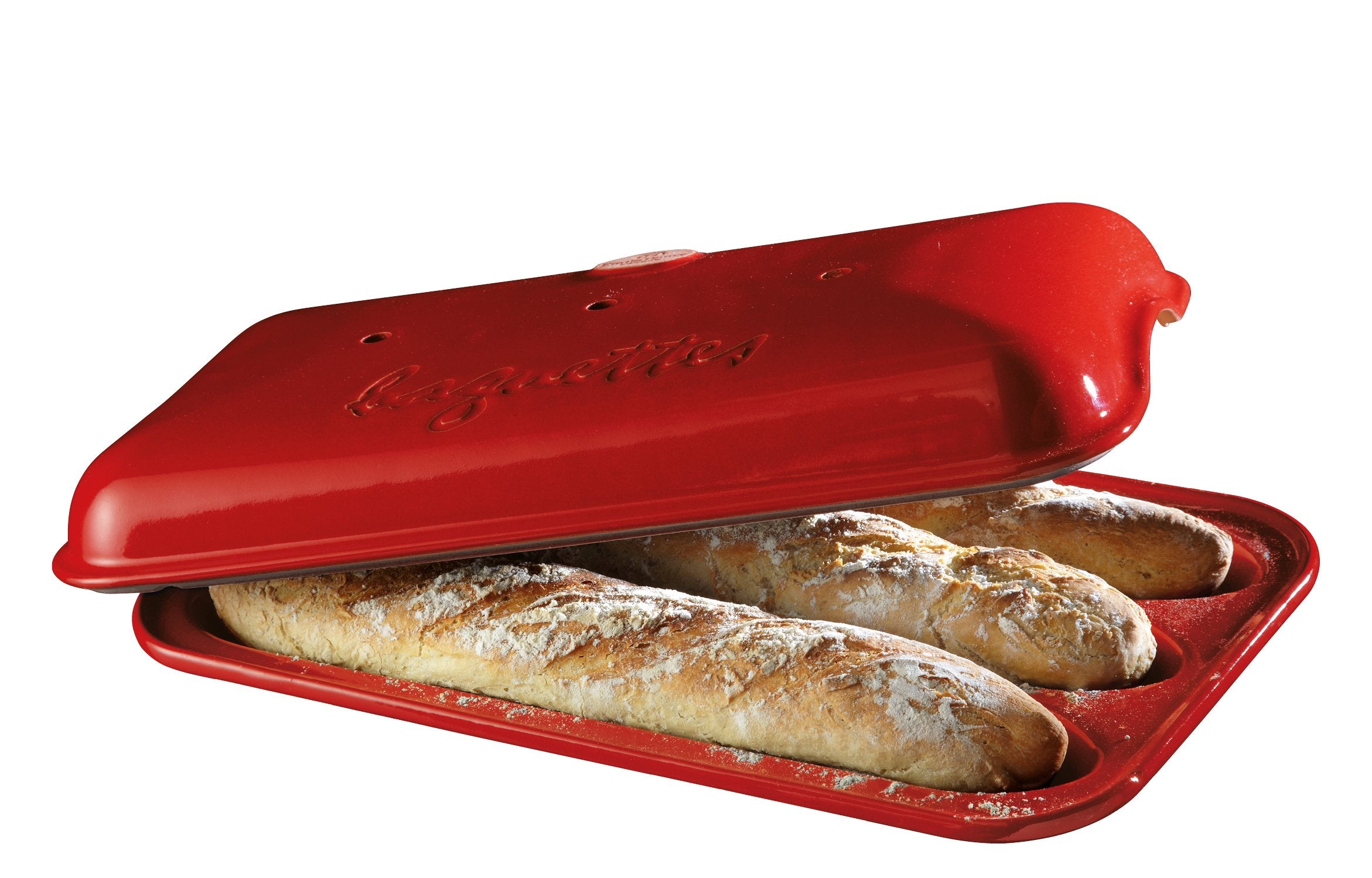Emile Henry Burgundy baguette baker front view for crusty loaves