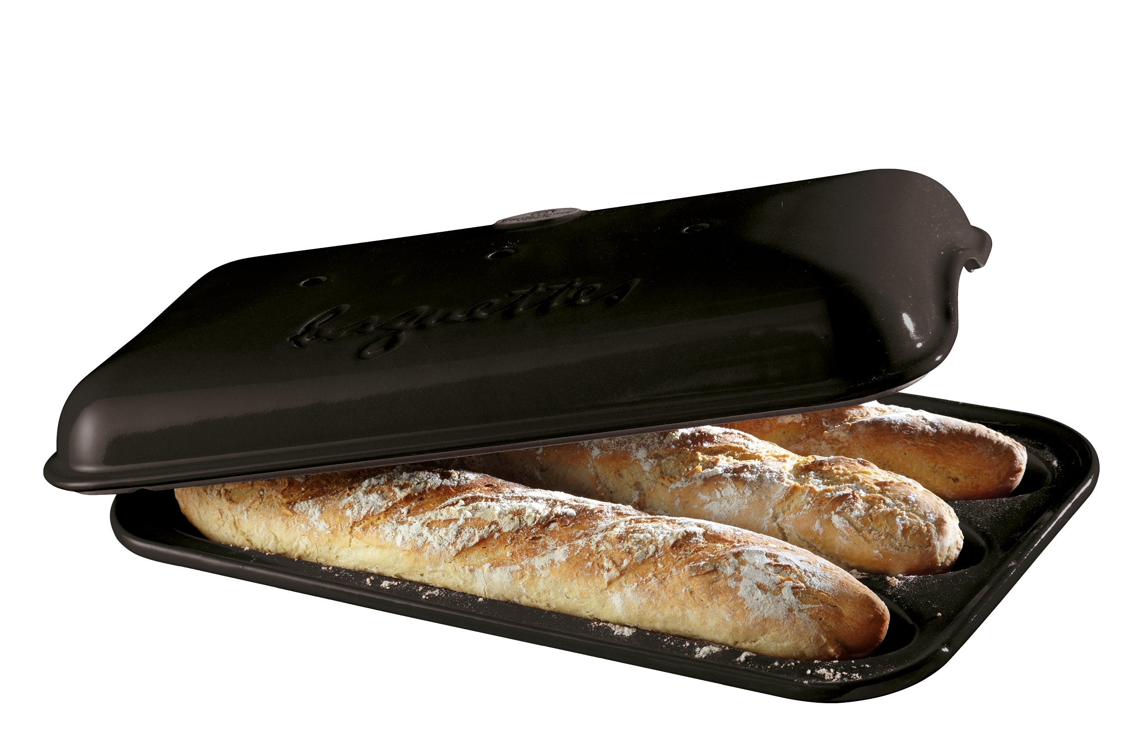Emile Henry Baguette Baker Charcoal front view promotes crispy crust and humidity control