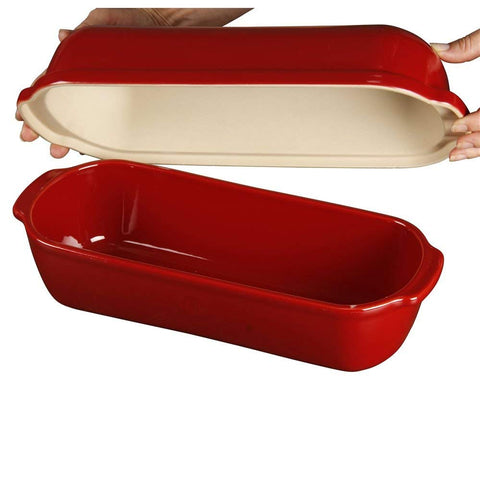 Emile Henry loaf baker with domed lid handles makes lifting easy.