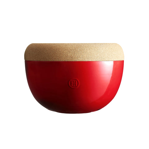 Emile Henry Deep Storage Bowl cork-top full view shows two-tier design for organized produce