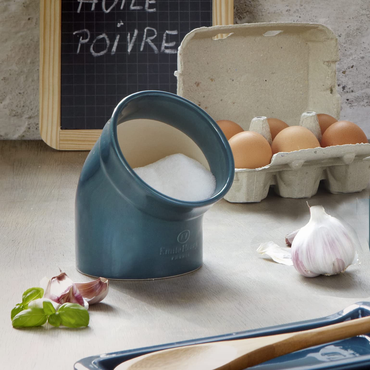 Vibrant glaze on Emile Henry salt pig adds color to your counter and kitchen.