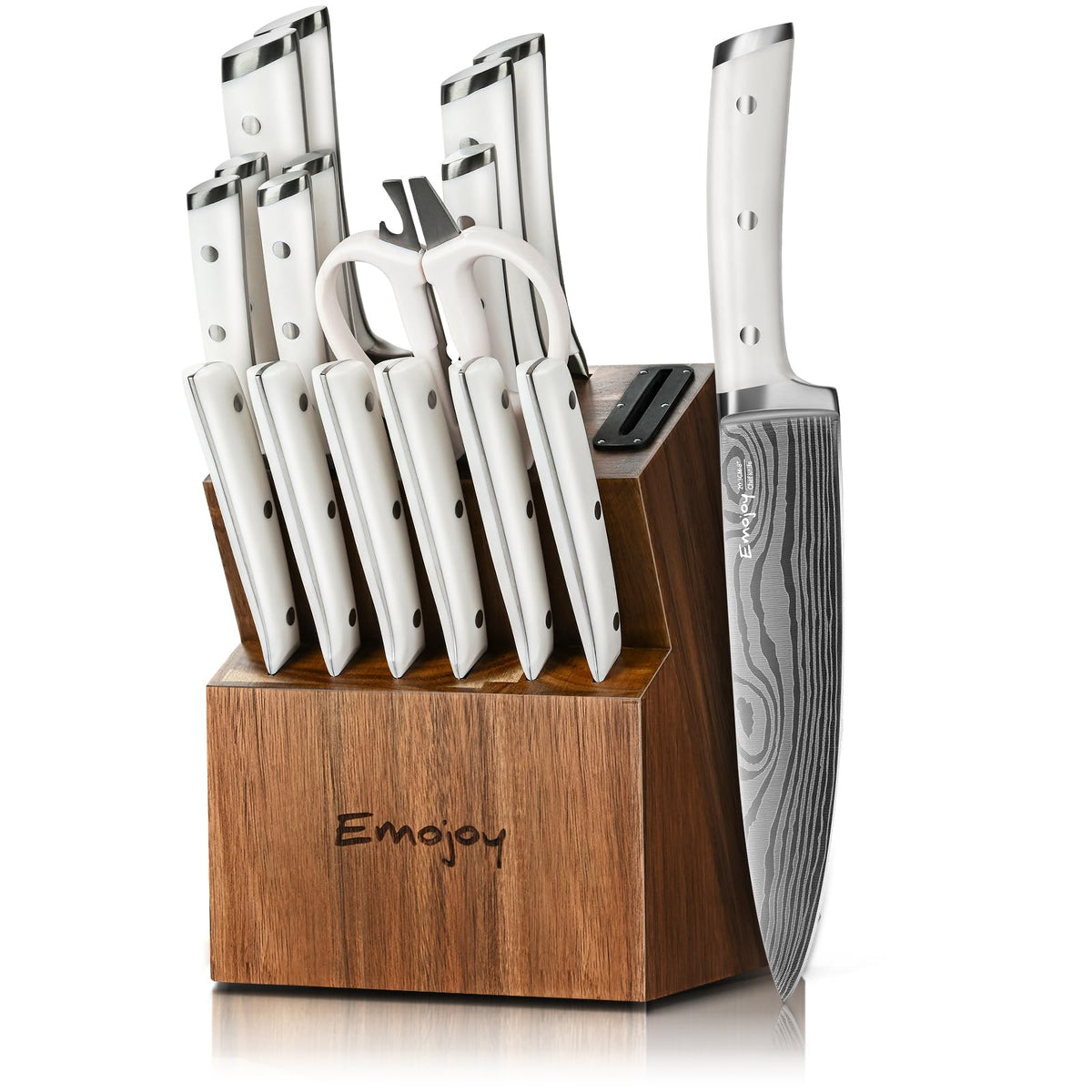 Emojoy 18-piece knife set in a white wooden block for organized kitchen prep