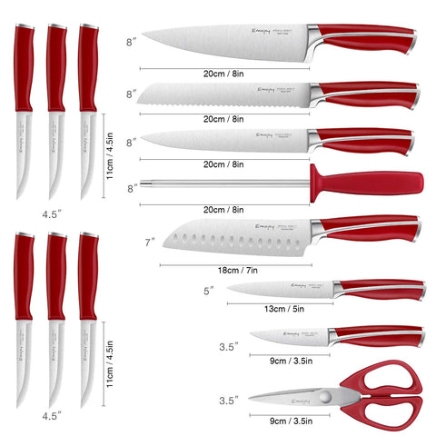 Emojoy 8-inch chef knife edge close-up highlights sharp, precise cutting performance.