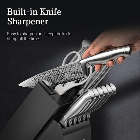 Emojoy angled knife block keeps blades accessible and organized.