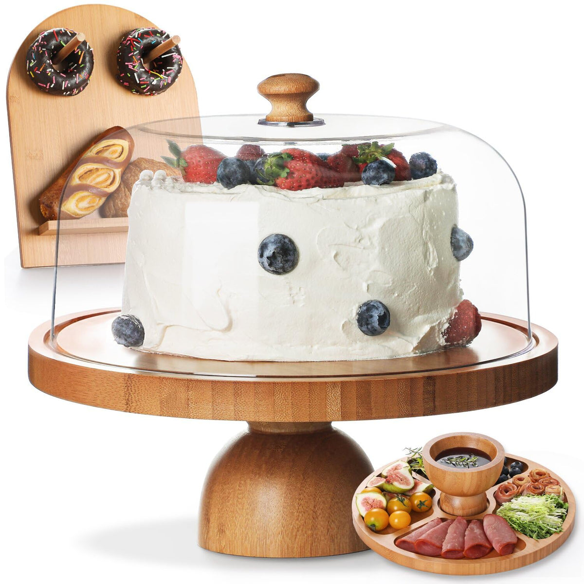 Emojoy bamboo cake stand with 11 inch diameter and dome keeps desserts visible and fresh