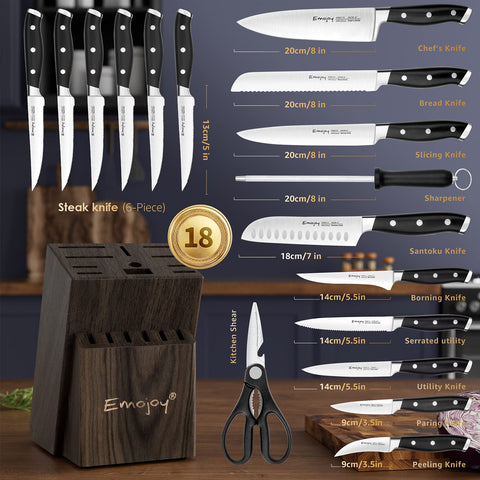 Emojoy chef knife edge close-up showing conical ground precision.