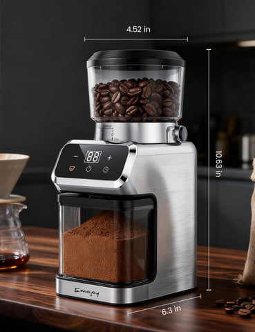 Emojoy coffee grinder offers 30 grind settings for precise flavor control.