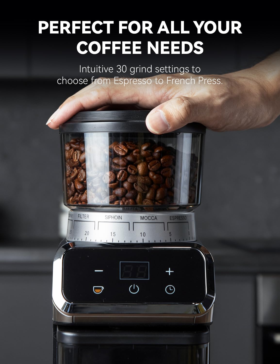 Emojoy coffee grinder compact design fits neatly in modern kitchens or offices.